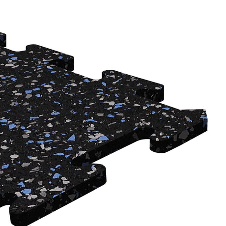 A black, blue, and gray colored Ecore Athletic interlocking rubber gym flooring tile for homes