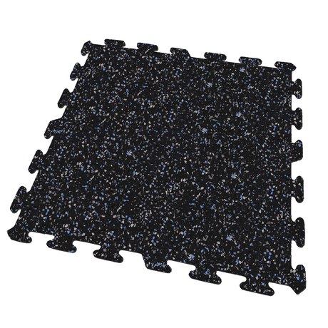 A black, blue, and gray colored Ecore Athletic interlocking rubber gym flooring tile for homes