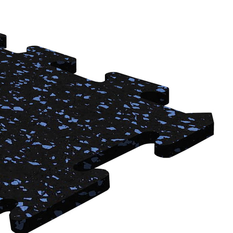 A black and blue Ecore Athletic interlocking rubber gym flooring tile for homes