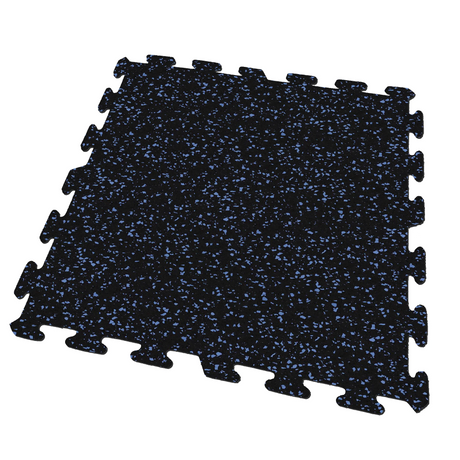 A black and blue Ecore Athletic interlocking rubber gym flooring tile for homes