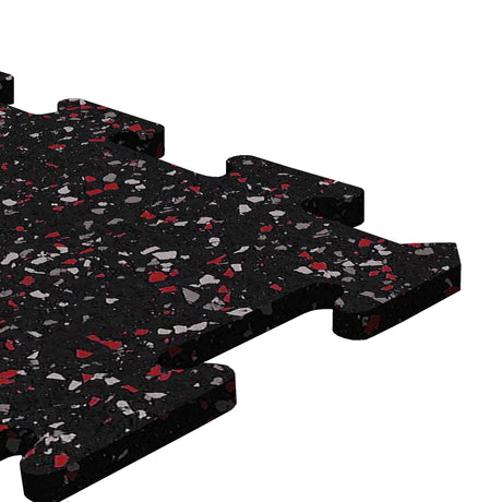 A black, red, and gray colored Ecore Athletic interlocking rubber gym flooring tile for homes