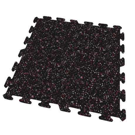 A black, red, and gray colored Ecore Athletic interlocking rubber gym flooring tile for homes