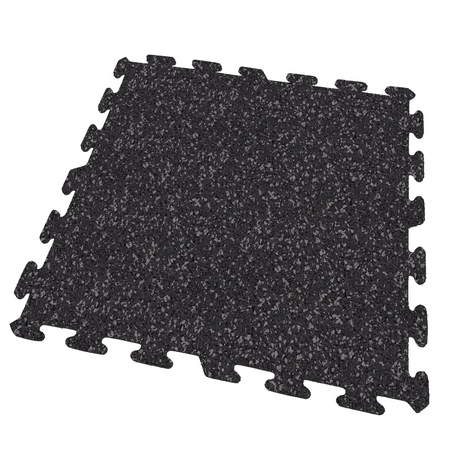 A mostly dark gray colored Ecore Athletic interlocking rubber gym flooring tile for homes