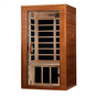 Dynamic Avila FAR Infrared Sauna in Canadian Hemlock, featuring low EMF heating panels, chromotherapy lighting, Bluetooth sound, and compact design for 1-2 people, ensuring safe, easy installation with a five-year warranty.