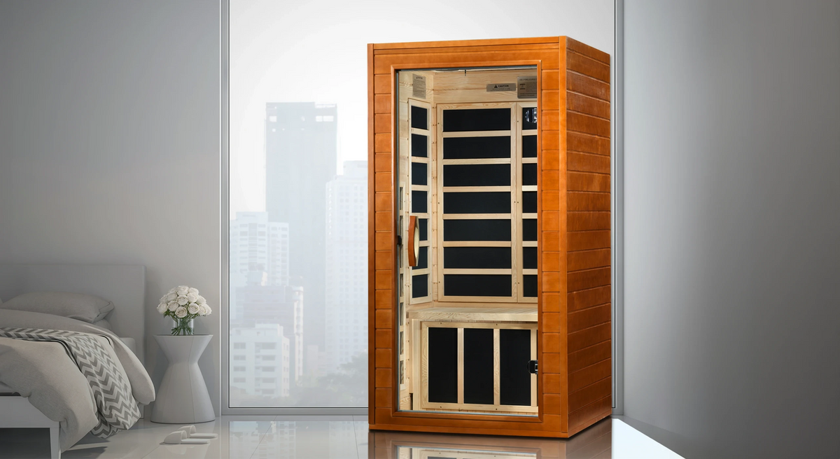 Dynamic Avila FAR Infrared Sauna in Canadian Hemlock, featuring low EMF heating panels, chromotherapy lighting, Bluetooth sound, and compact design for 1-2 people, ensuring safe, easy installation with a five-year warranty.