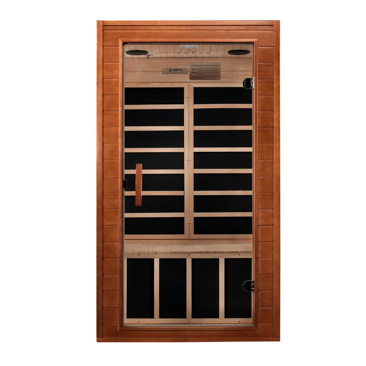 Dynamic Avila FAR Infrared Sauna in Canadian Hemlock, featuring low EMF heating panels, chromotherapy lighting, Bluetooth sound, and compact design for 1-2 people, ensuring safe, easy installation with a five-year warranty.