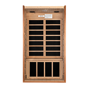 Dynamic Avila FAR Infrared Sauna in Canadian Hemlock, featuring low EMF heating panels, chromotherapy lighting, Bluetooth sound, and compact design for 1-2 people, ensuring safe, easy installation with a five-year warranty.