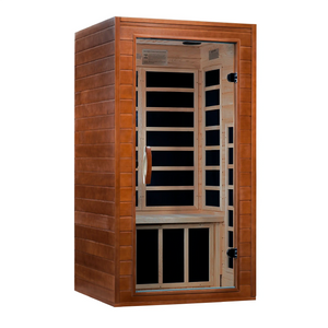 Dynamic Avila FAR Infrared Sauna in Canadian Hemlock, featuring low EMF heating panels, chromotherapy lighting, Bluetooth sound, and compact design for 1-2 people, ensuring safe, easy installation with a five-year warranty.