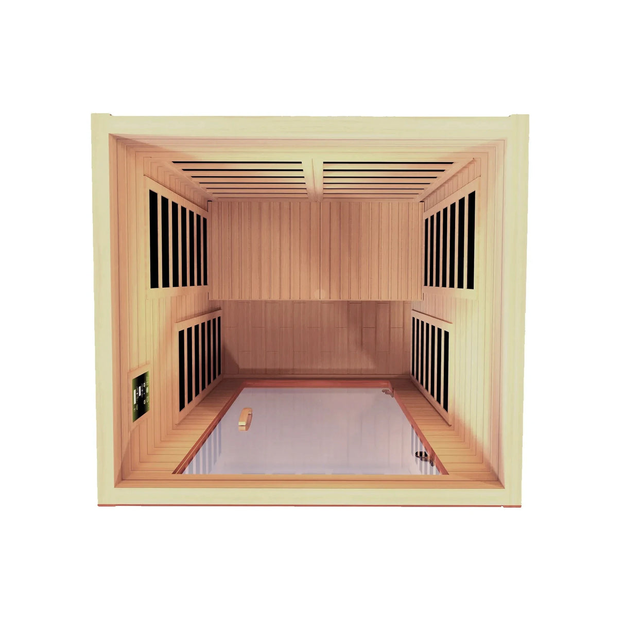 Dynamic Avila FAR Infrared Sauna in Canadian Hemlock, featuring low EMF heating panels, chromotherapy lighting, Bluetooth sound, and compact design for 1-2 people, ensuring safe, easy installation with a five-year warranty.