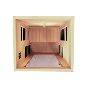 Dynamic Avila FAR Infrared Sauna in Canadian Hemlock, featuring low EMF heating panels, chromotherapy lighting, Bluetooth sound, and compact design for 1-2 people, ensuring safe, easy installation with a five-year warranty.