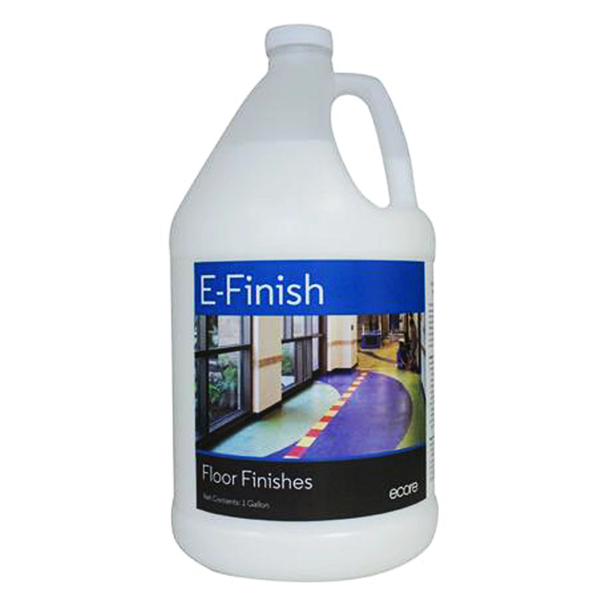 A full bottle of blue Ecore Athletic efinish low floor finisher for athletic and rubber flooring