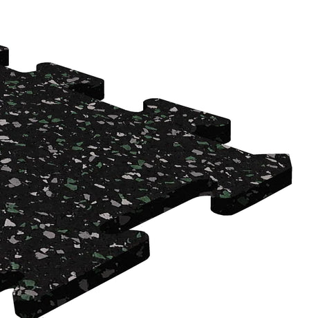 A black, green, and gray colored Ecore Athletic interlocking rubber gym flooring tile for homes