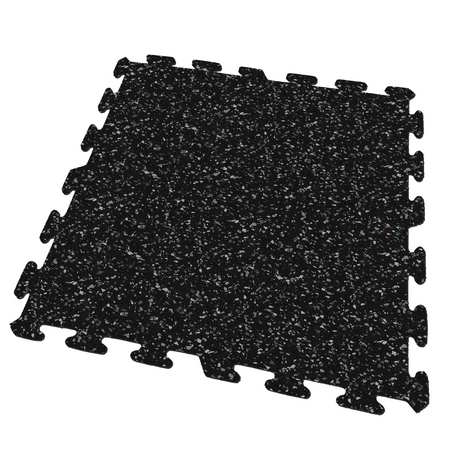 A black, green, and gray colored Ecore Athletic interlocking rubber gym flooring tile for homes