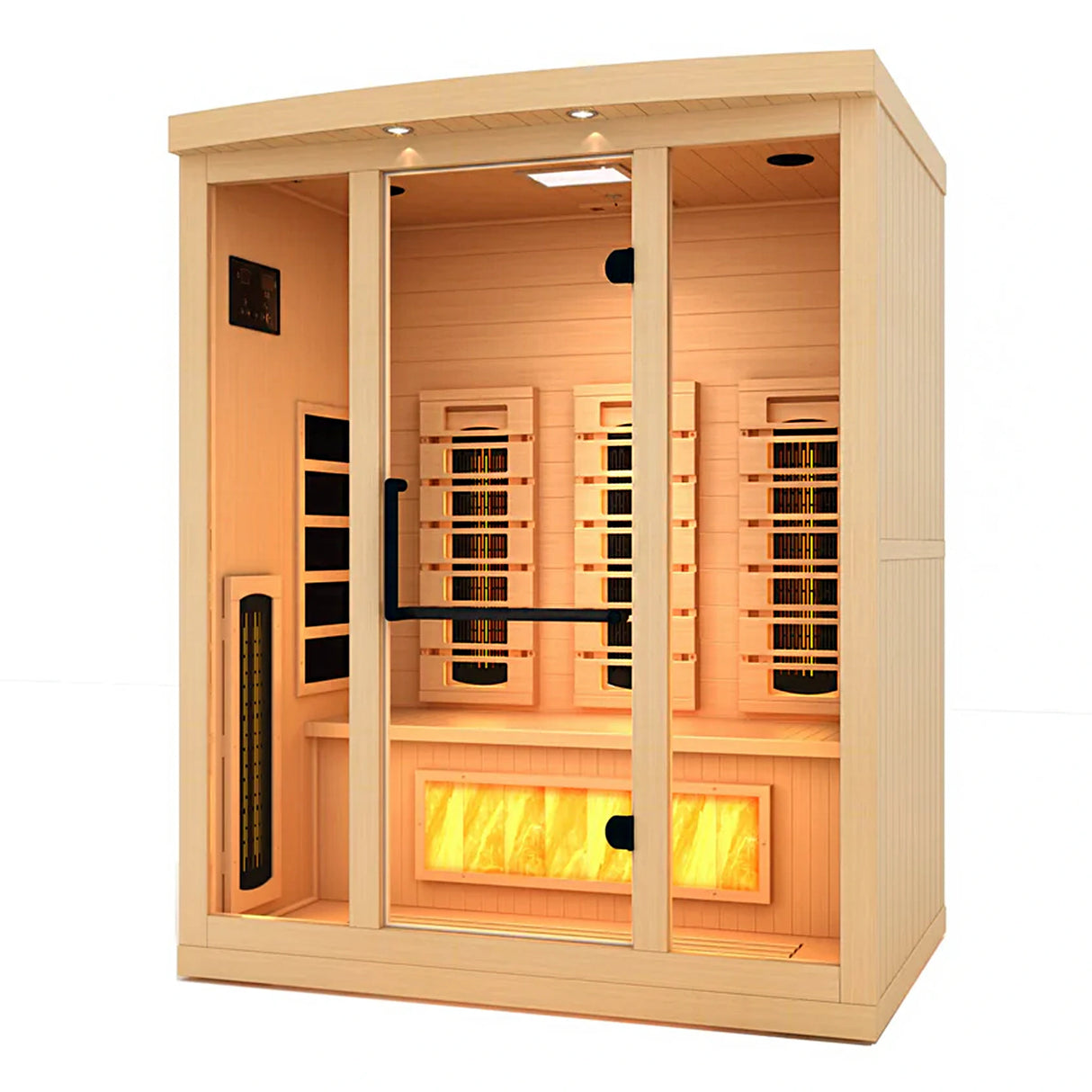 Golden Designs 2025 Reserve Edition full spectrum infrared corner model sauna with a 3 person capacity and built in himalayan salt bar