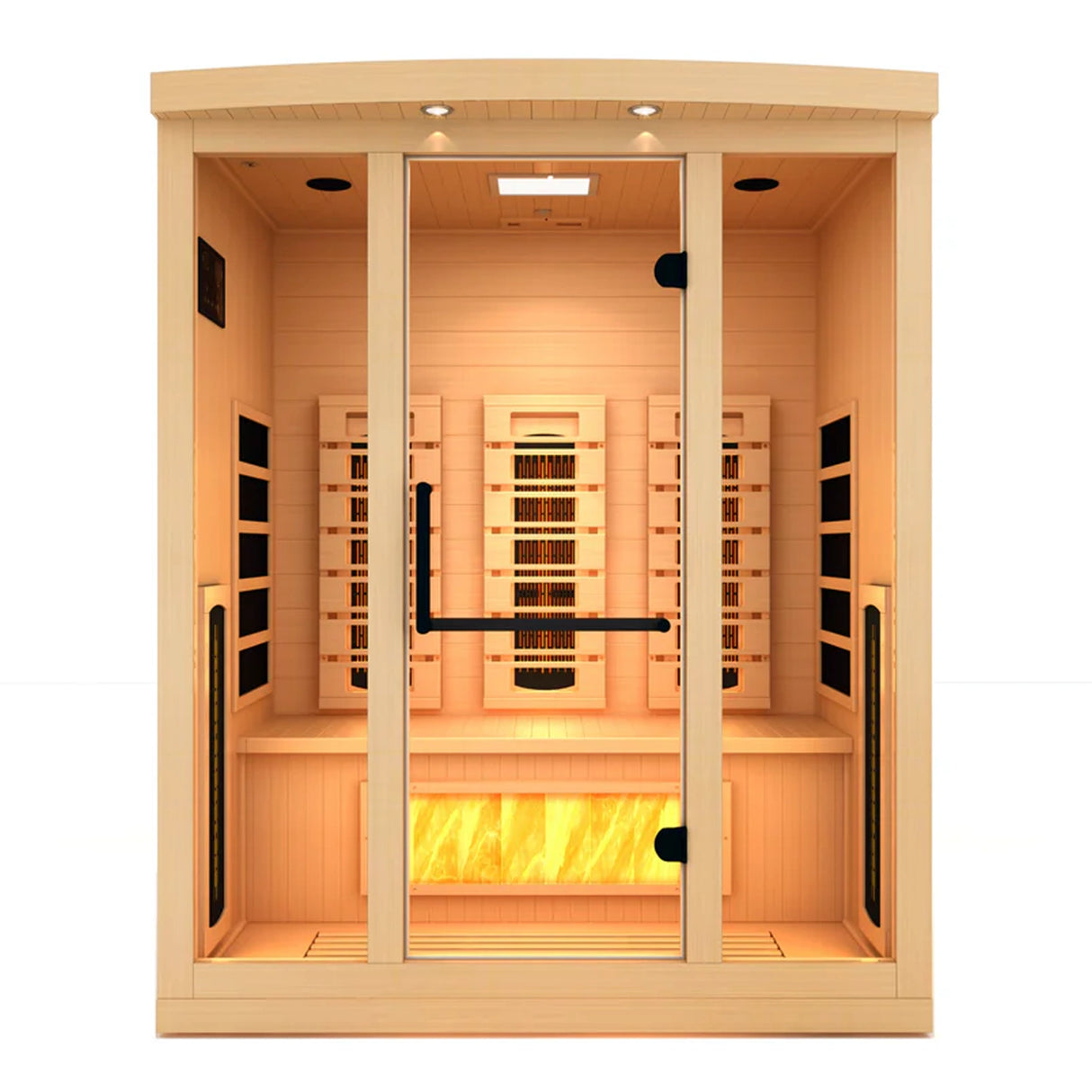 Golden Designs 2025 Reserve Edition full spectrum infrared corner model sauna with a 3 person capacity and built in himalayan salt bar