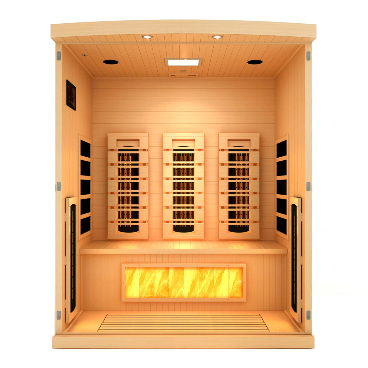 Golden Designs 2025 Reserve Edition full spectrum infrared corner model sauna with a 3 person capacity and built in himalayan salt bar