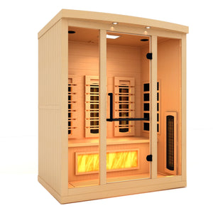 Golden Designs 2025 Reserve Edition full spectrum infrared corner model sauna with a 3 person capacity and built in himalayan salt bar