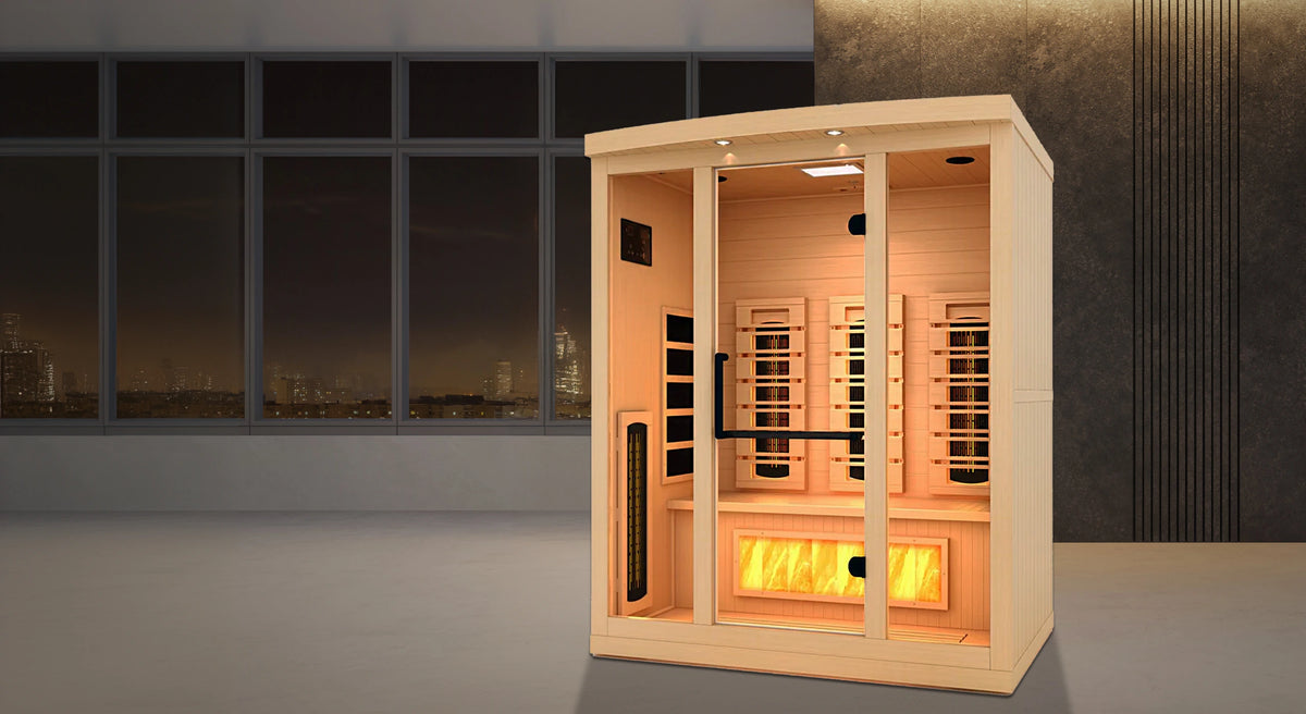 Golden Designs 2025 Reserve Edition full spectrum infrared corner model sauna with a 3 person capacity and built in himalayan salt bar inside an apartment in a tall building