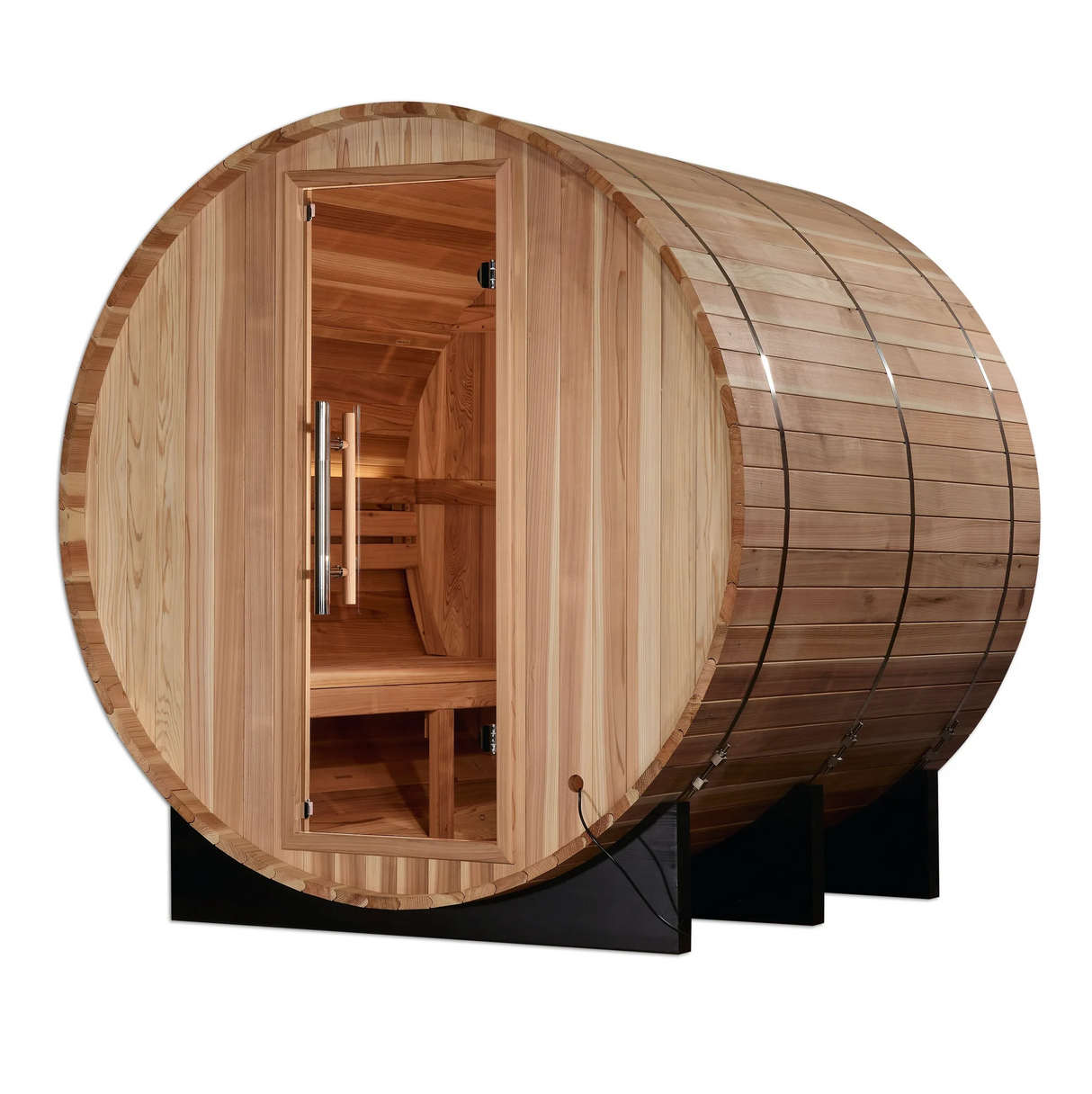 Golden Designs Arosa model barrel shaped sauna with a 4 person capacity which is built for outside use