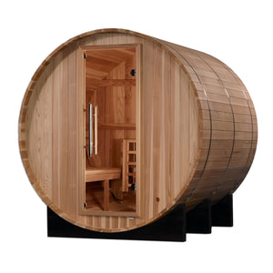 Golden Designs Arosa model barrel shaped sauna with a 4 person capacity which is built for outside use