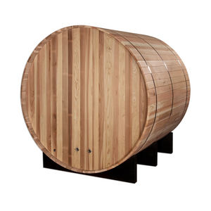 Golden Designs Arosa model barrel shaped sauna with a 4 person capacity which is built for outside use