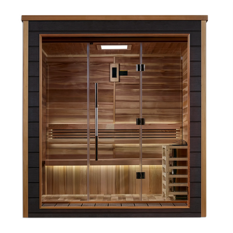 Drammen model sauna with a 3 person capacity made from Canadian red cedar on the interior and dark all weather composite on the exterior built for outdoor use