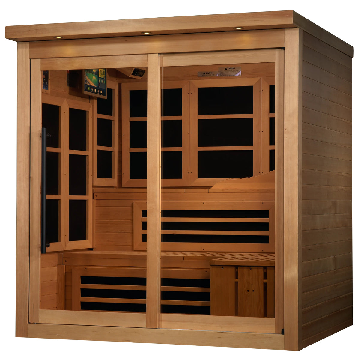 Golden Designs Monaco model FAR infrared sauna with a six person capacity constructed from Canadian hemlock wood