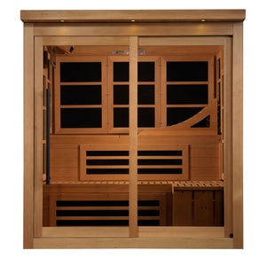 Golden Designs Monaco model FAR infrared sauna with a six person capacity constructed from Canadian hemlock wood