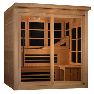 Golden Designs Monaco model FAR infrared sauna with a six person capacity constructed from Canadian hemlock wood