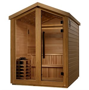 Golden Designs Kaarina model traditional steam sauna with star galaxy overhead lighting made from Canadian red cedar interior and an all weather composite exterior with a 6 person capacity built for outdoor use