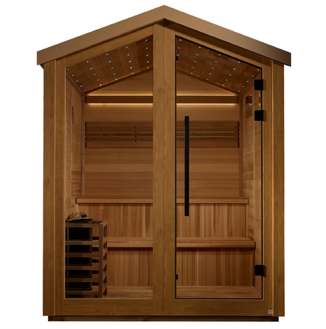 Golden Designs Kaarina model traditional steam sauna with star galaxy overhead lighting made from Canadian red cedar interior and an all weather composite exterior with a 6 person capacity built for outdoor use