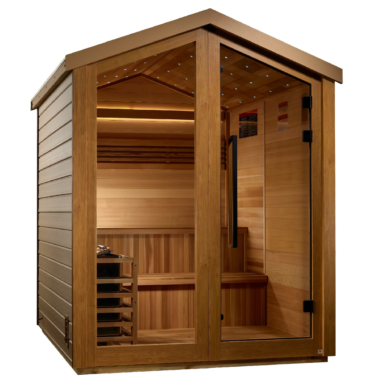 Golden Designs Kaarina model traditional steam sauna with star galaxy overhead lighting made from Canadian red cedar interior and an all weather composite exterior with a 6 person capacity built for outdoor use