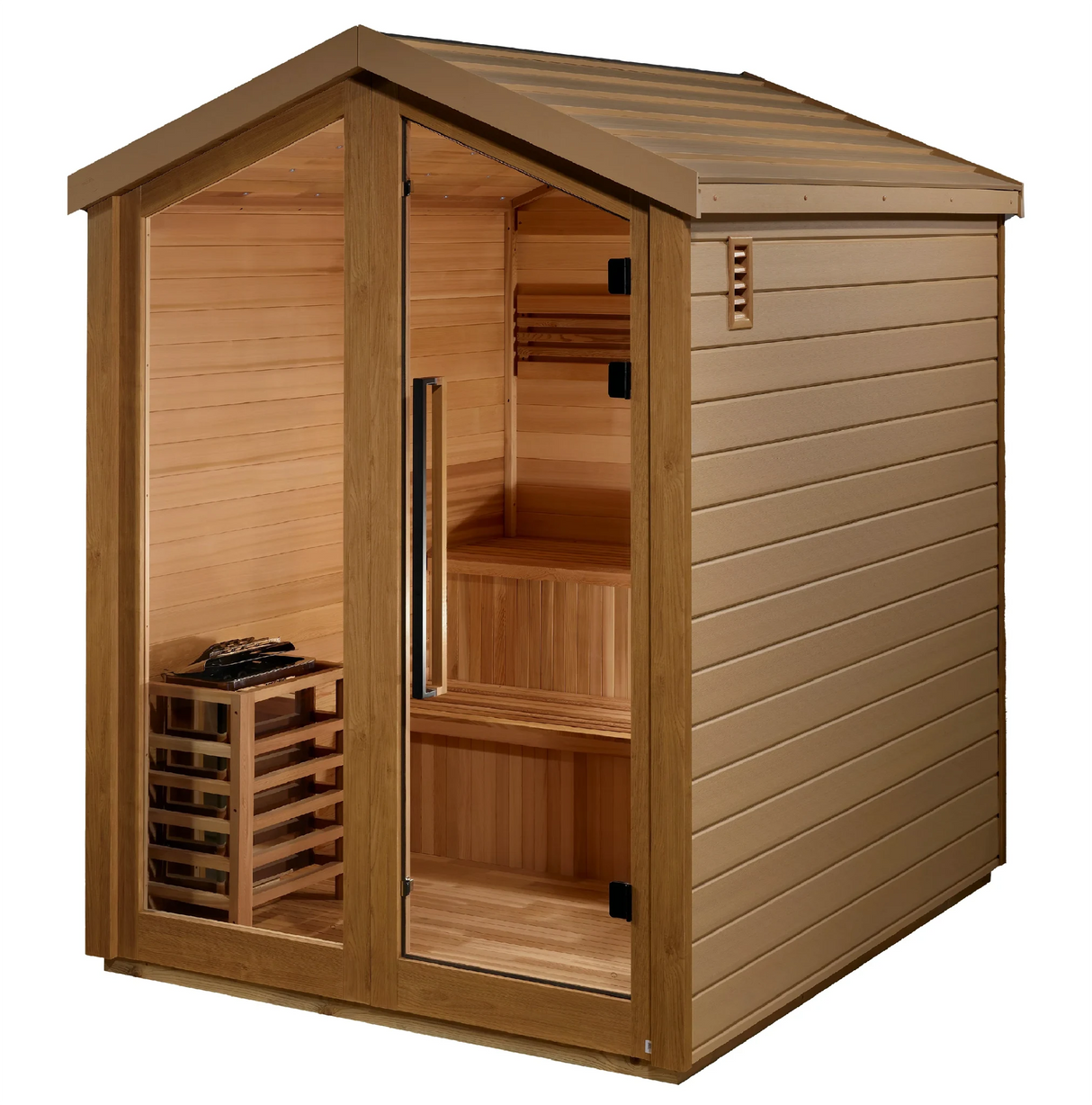 Golden Designs Kaarina model traditional steam sauna with star galaxy overhead lighting made from Canadian red cedar interior and an all weather composite exterior with a 6 person capacity built for outdoor use