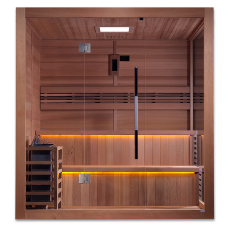 Golden Designs Kuusamo model traditional steam sauna built for indoor or covered outdoor use constructed from Canadian red cedar on the inside and Canadian hemlock on the outside with a six person capacity