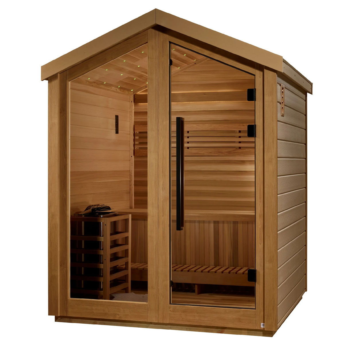 Golden Designs Savonlinna traditional seam sauna featuring a star galaxy overhead lighting system made from Canadian red cedar interior and an all weather composite exterior with a three person capacity built for outdoor use