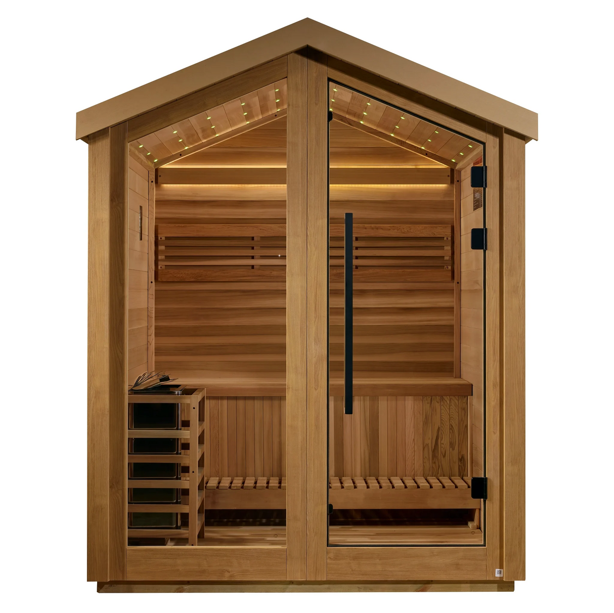 Golden Designs Savonlinna traditional seam sauna featuring a star galaxy overhead lighting system made from Canadian red cedar interior and an all weather composite exterior with a three person capacity built for outdoor use