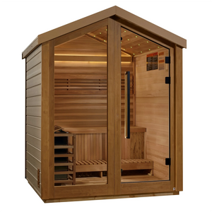 Golden Designs Savonlinna traditional seam sauna featuring a star galaxy overhead lighting system made from Canadian red cedar interior and an all weather composite exterior with a three person capacity built for outdoor use