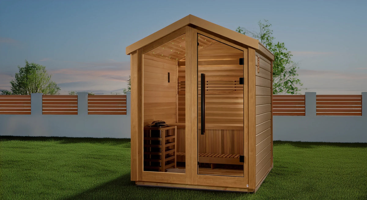 Golden Designs Savonlinna traditional seam sauna featuring a star galaxy overhead lighting system made from Canadian red cedar interior and an all weather composite exterior with a three person capacity built for outdoor use on a green lawn in a large backyard