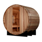 Golden Designs St. Moritz model barrel shaped sauna with a 2 person capacity which is built for outside use