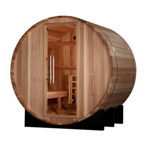 Golden Designs St. Moritz model barrel shaped sauna with a 2 person capacity which is built for outside use