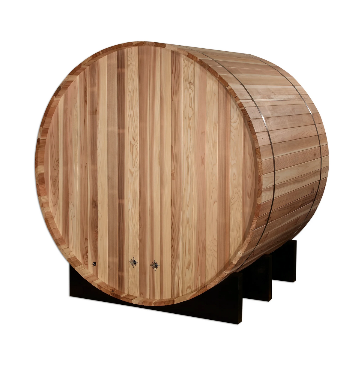 Golden Designs St. Moritz model barrel shaped sauna with a 2 person capacity which is built for outside use