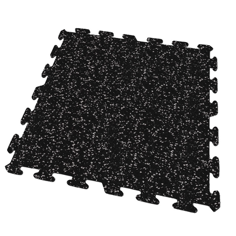 A black and gray Ecore Athletic interlocking rubber gym flooring tile for homes