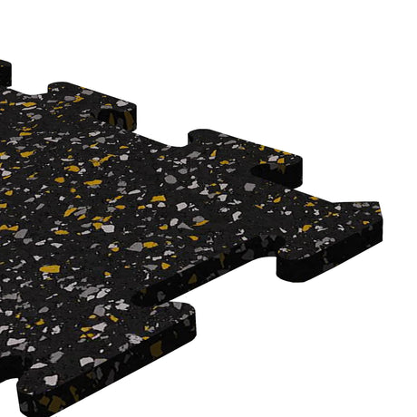 A black, yellow, and gray colored Ecore Athletic interlocking rubber gym flooring tile for homes