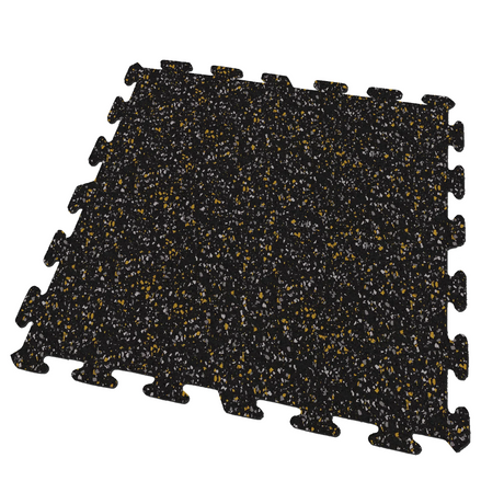 A black, yellow, and gray colored Ecore Athletic interlocking rubber gym flooring tile for homes