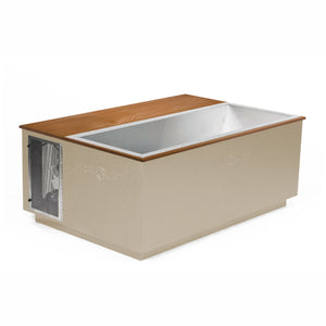 Beige BlueCube CoreChill 3 Elite Cold Plunge Tub with mahogany top which is commercial grade and handmade in America