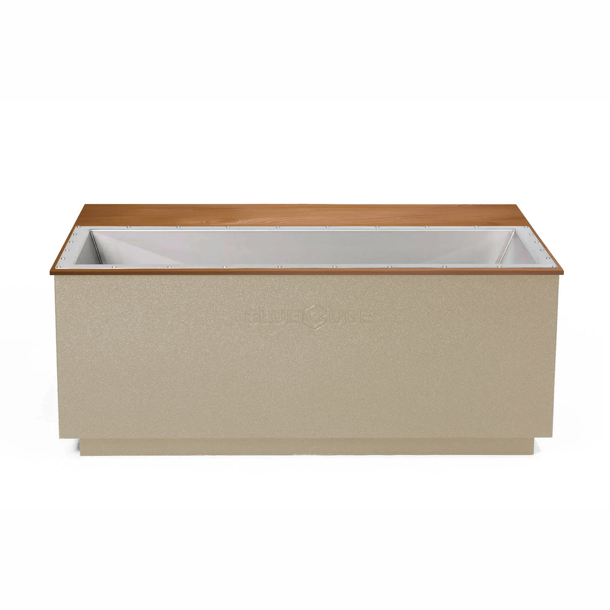 Beige BlueCube CoreChill 3 Elite Cold Plunge Tub with mahogany top which is commercial grade and handmade in America