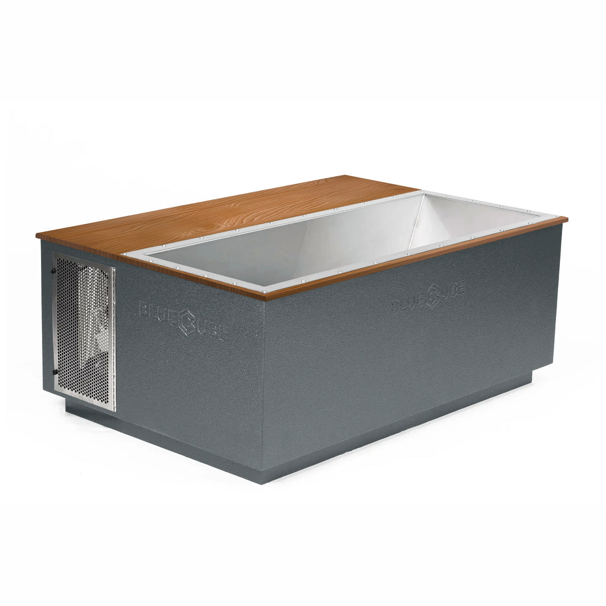 Gray BlueCube CoreChill 3 Elite Cold Plunge Tub with mahogany top which is commercial grade and handmade in America