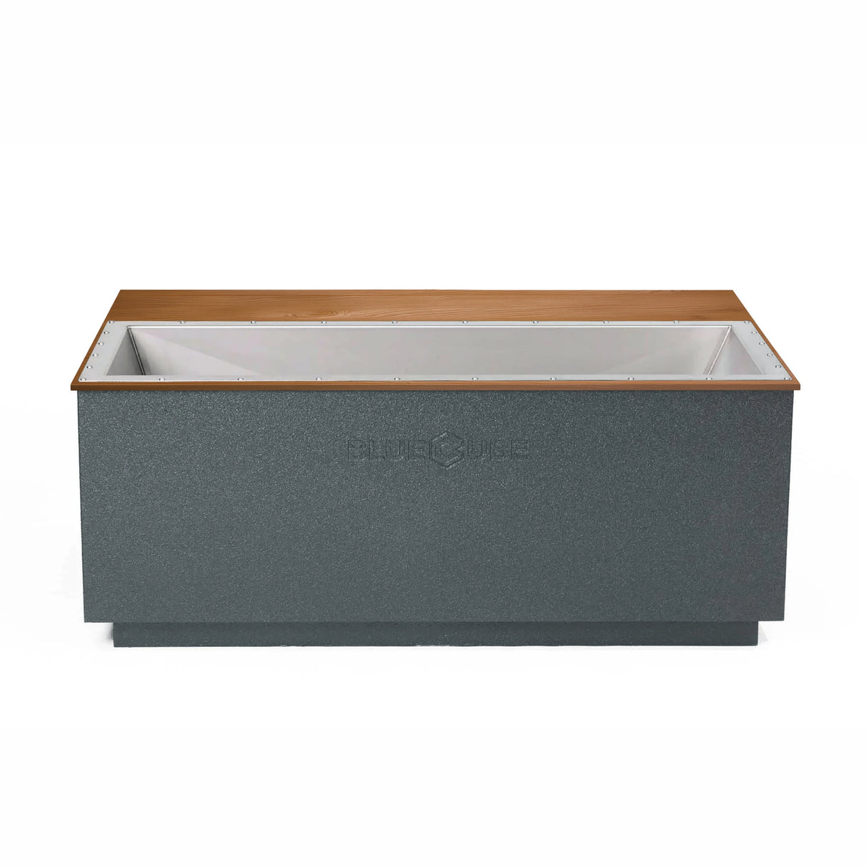 Gray BlueCube CoreChill 3 Elite Cold Plunge Tub with mahogany top which is commercial grade and handmade in America