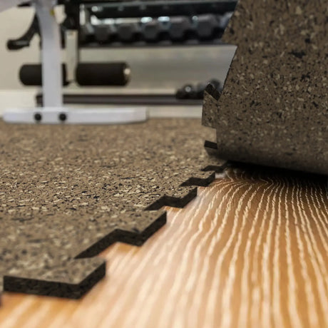 A mostly brown and sand colored Ecore Athletic interlocking rubber gym flooring tile for homes