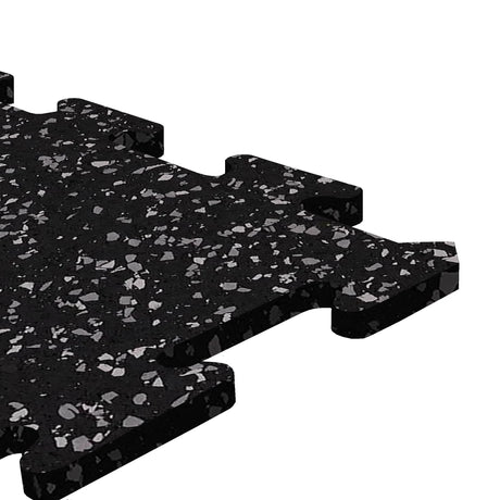 A black, dark gray, and light gray colored Ecore Athletic interlocking rubber gym flooring tile for homes